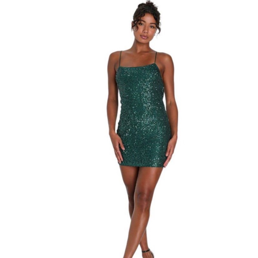 Lulu’s Emerald Green Sparkly Sequins Strappy Lace Up Adjustable Back Dress NWT M